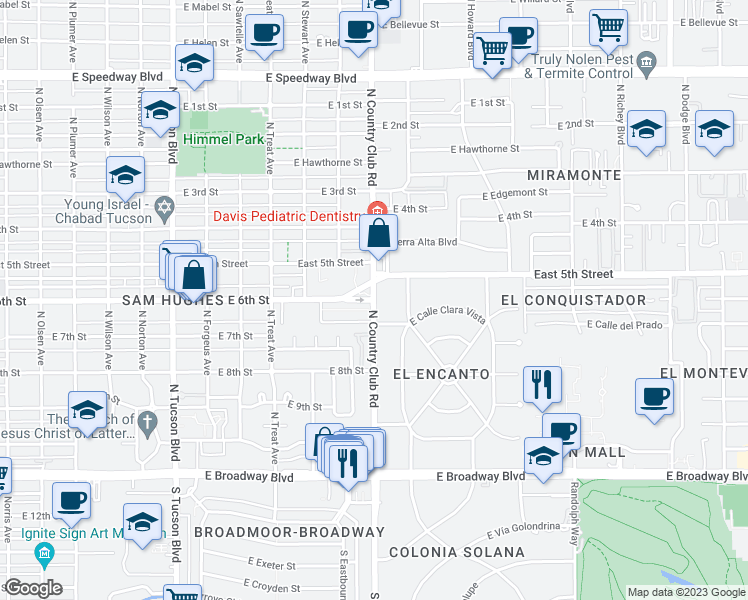 map of restaurants, bars, coffee shops, grocery stores, and more near 3080 East 6th Street in Tucson
