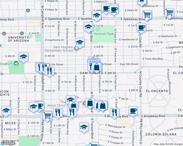 map of restaurants, bars, coffee shops, grocery stores, and more near North Tucson Boulevard & East 6th Street in Tucson