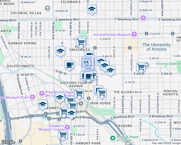 map of restaurants, bars, coffee shops, grocery stores, and more near 500 North 4th Avenue in Tucson