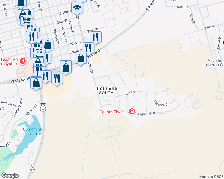 map of restaurants, bars, coffee shops, grocery stores, and more near 9 Bennett Circle in Big Spring