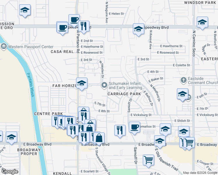 map of restaurants, bars, coffee shops, grocery stores, and more near 501 North Maguire Avenue in Tucson