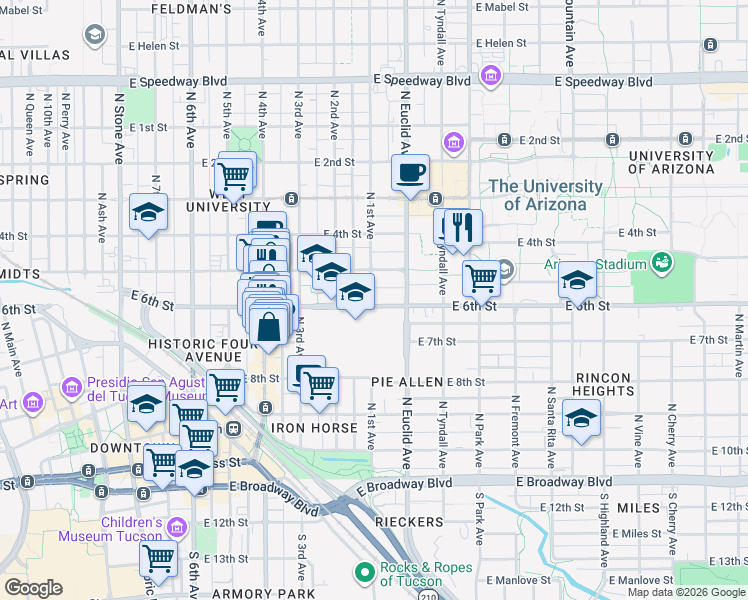 map of restaurants, bars, coffee shops, grocery stores, and more near 724 South 6th Avenue in Tucson