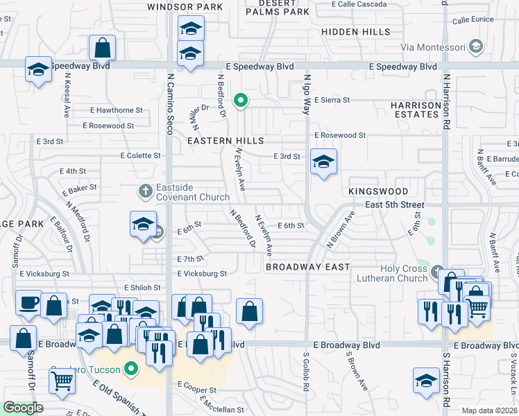 map of restaurants, bars, coffee shops, grocery stores, and more near 9002 East 5th Street in Tucson