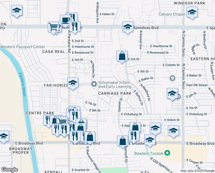 map of restaurants, bars, coffee shops, grocery stores, and more near 8134 East 5th Street in Tucson