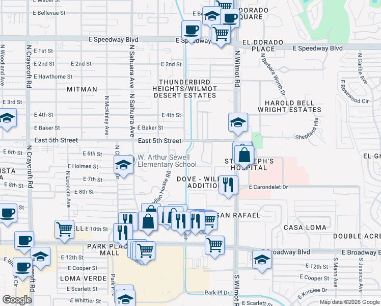 map of restaurants, bars, coffee shops, grocery stores, and more near 6110 East 5th Street in Tucson