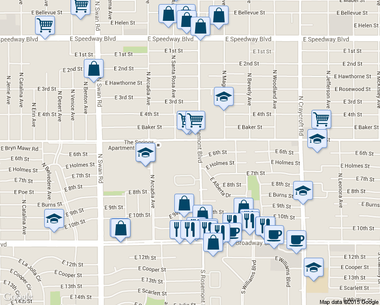 map of restaurants, bars, coffee shops, grocery stores, and more near 145 North Rosemont Boulevard in Tucson