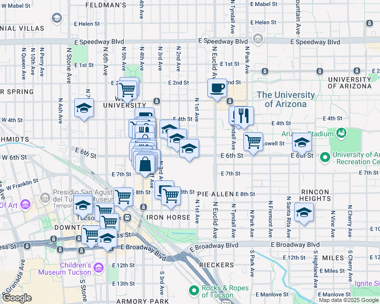 map of restaurants, bars, coffee shops, grocery stores, and more near 724 South 6th Avenue in Tucson
