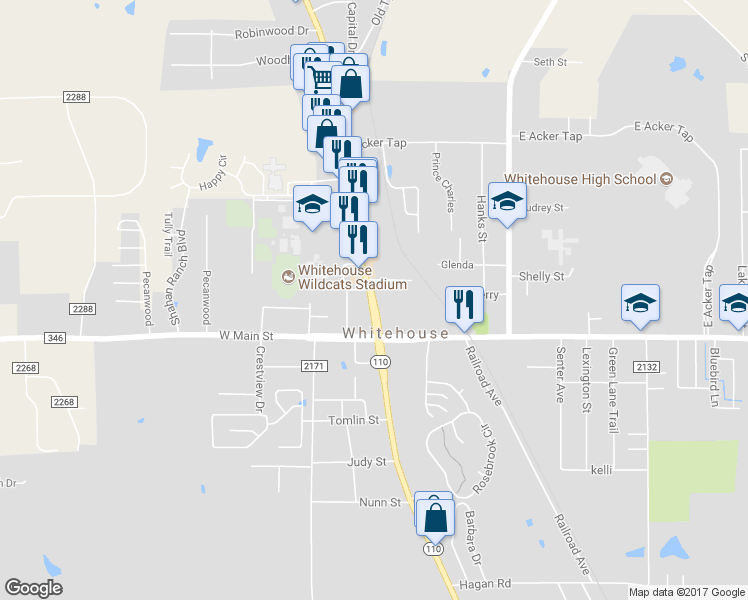 map of restaurants, bars, coffee shops, grocery stores, and more near 198 Texas 110 in Whitehouse