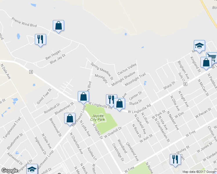 map of restaurants, bars, coffee shops, grocery stores, and more near 500 Moonlight in Stephenville