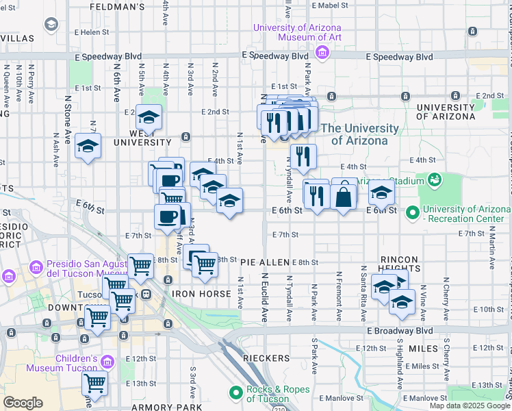 map of restaurants, bars, coffee shops, grocery stores, and more near 440 North Euclid Avenue in Tucson