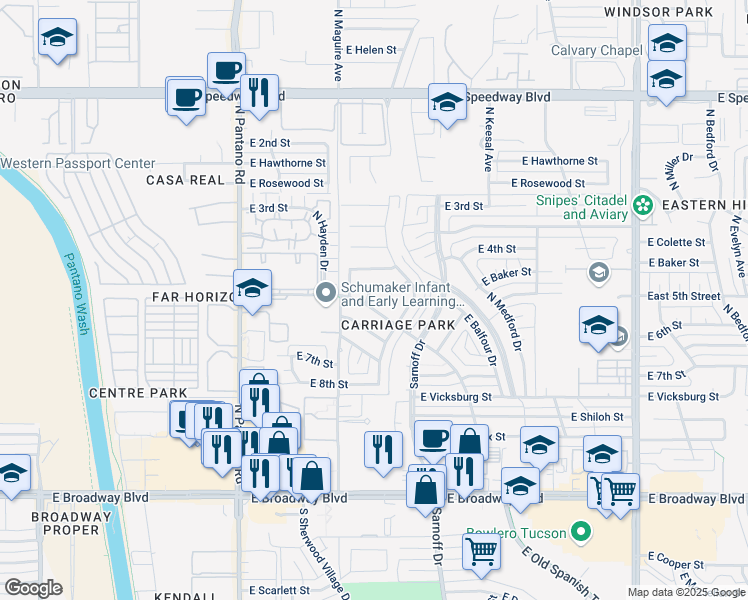 map of restaurants, bars, coffee shops, grocery stores, and more near 8134 East 5th Street in Tucson