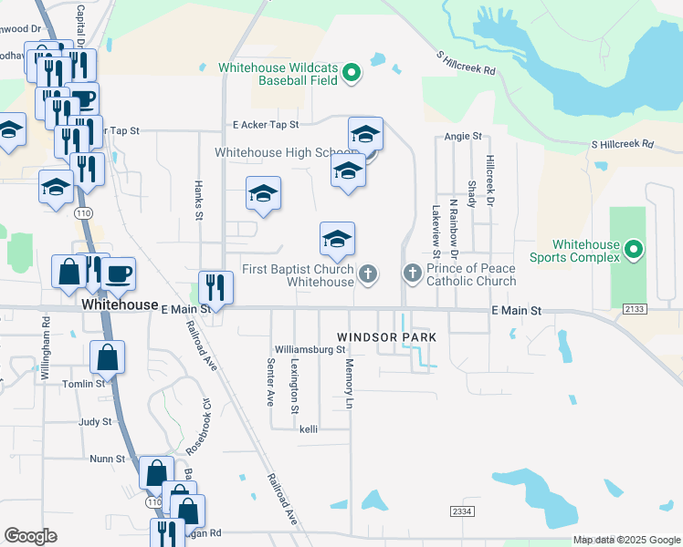 map of restaurants, bars, coffee shops, grocery stores, and more near 701 East Main Street in Whitehouse