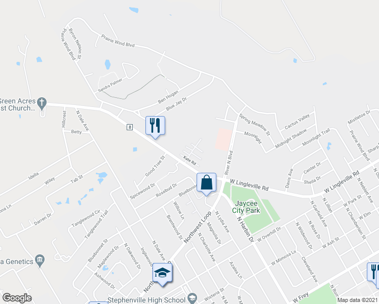 map of restaurants, bars, coffee shops, grocery stores, and more near 2251 West Lingleville Road in Stephenville