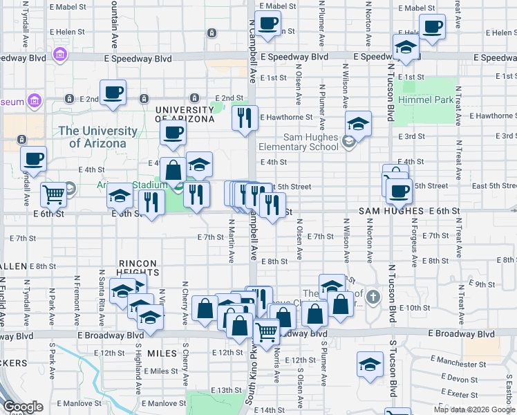 map of restaurants, bars, coffee shops, grocery stores, and more near 502 North Campbell Avenue in Tucson