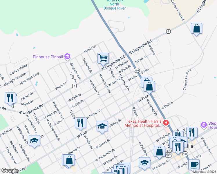 map of restaurants, bars, coffee shops, grocery stores, and more near 1255 North Paddock Avenue in Stephenville