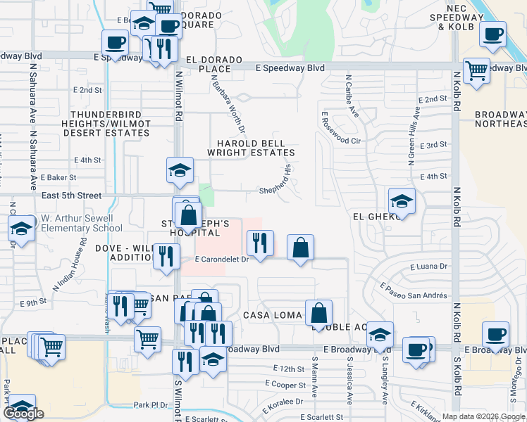 map of restaurants, bars, coffee shops, grocery stores, and more near 6575 East Carondelet Drive in Tucson