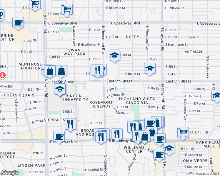 map of restaurants, bars, coffee shops, grocery stores, and more near 5131 East Holmes Street in Tucson