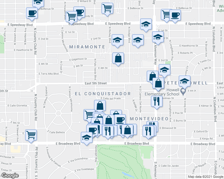 map of restaurants, bars, coffee shops, grocery stores, and more near 3554 North Avenida Del Rio in Tucson