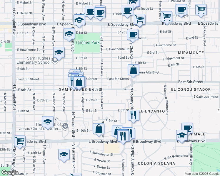 map of restaurants, bars, coffee shops, grocery stores, and more near 2820 East 6th Street in Tucson