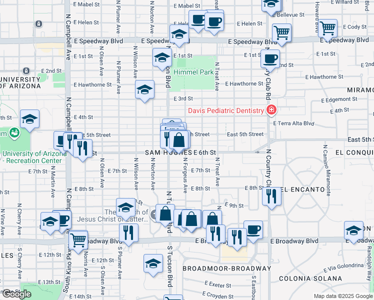 map of restaurants, bars, coffee shops, grocery stores, and more near 2540 East 6th Street in Tucson