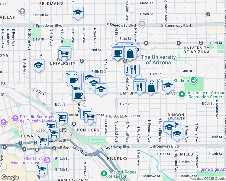 map of restaurants, bars, coffee shops, grocery stores, and more near in Tucson