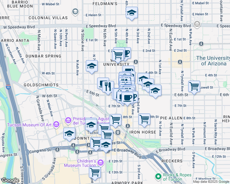 map of restaurants, bars, coffee shops, grocery stores, and more near 300 East 6th Street in Tucson
