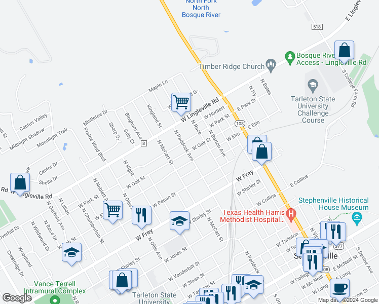 map of restaurants, bars, coffee shops, grocery stores, and more near 1391 North Paddock Avenue in Stephenville