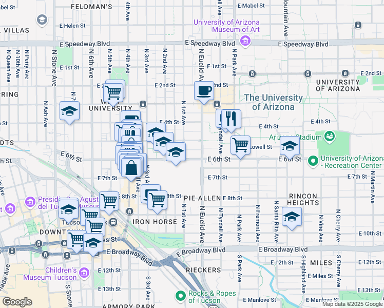 map of restaurants, bars, coffee shops, grocery stores, and more near 724 South 6th Avenue in Tucson