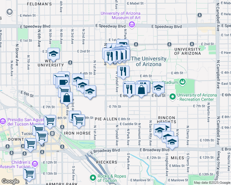 map of restaurants, bars, coffee shops, grocery stores, and more near 517 North Tyndall Avenue in Tucson