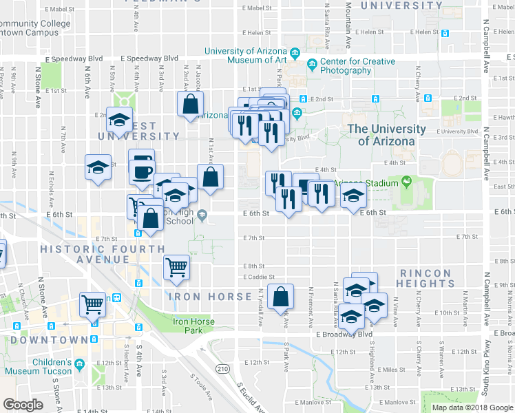 map of restaurants, bars, coffee shops, grocery stores, and more near 517 North Tyndall Avenue in Tucson