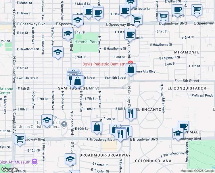 map of restaurants, bars, coffee shops, grocery stores, and more near 2875 East 6th Street in Tucson
