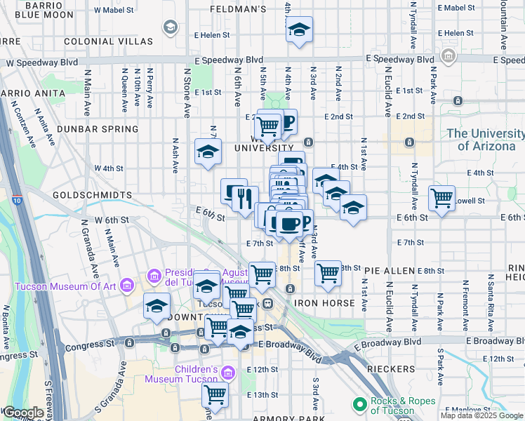map of restaurants, bars, coffee shops, grocery stores, and more near 550 North 5th Avenue in Tucson
