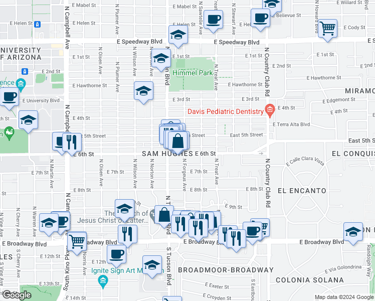 map of restaurants, bars, coffee shops, grocery stores, and more near 500 North Forgeus Avenue in Tucson