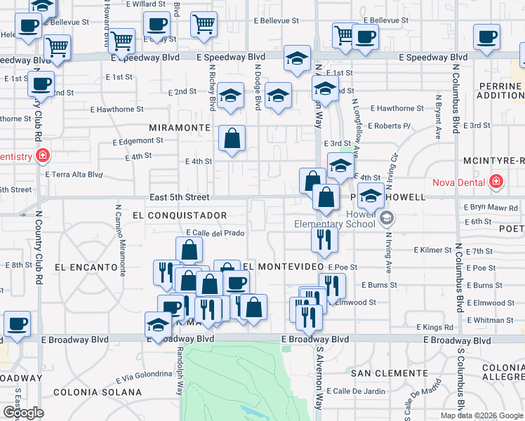 map of restaurants, bars, coffee shops, grocery stores, and more near 548 North Dodge Boulevard in Tucson