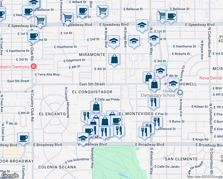 map of restaurants, bars, coffee shops, grocery stores, and more near 3554 North Avenida Del Rio in Tucson
