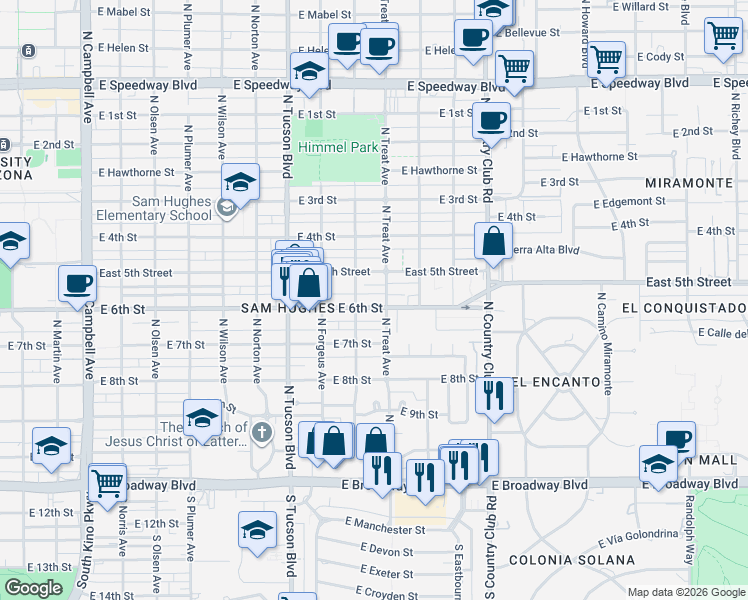 map of restaurants, bars, coffee shops, grocery stores, and more near 428 North Treat Avenue in Tucson