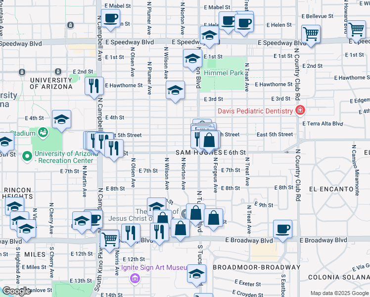 map of restaurants, bars, coffee shops, grocery stores, and more near 2340 East 6th Street in Tucson