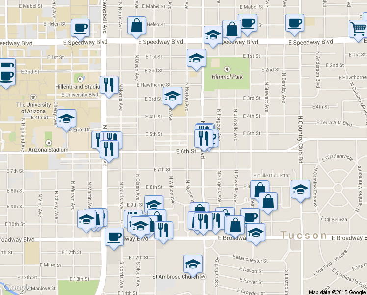 map of restaurants, bars, coffee shops, grocery stores, and more near 2340 East 6th Street in Tucson