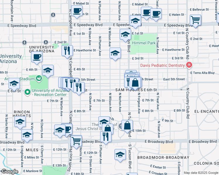 map of restaurants, bars, coffee shops, grocery stores, and more near 2240 East 6th Street in Tucson