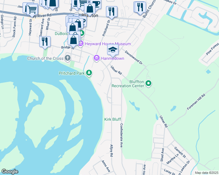 map of restaurants, bars, coffee shops, grocery stores, and more near 40 Alljoy Road in Bluffton