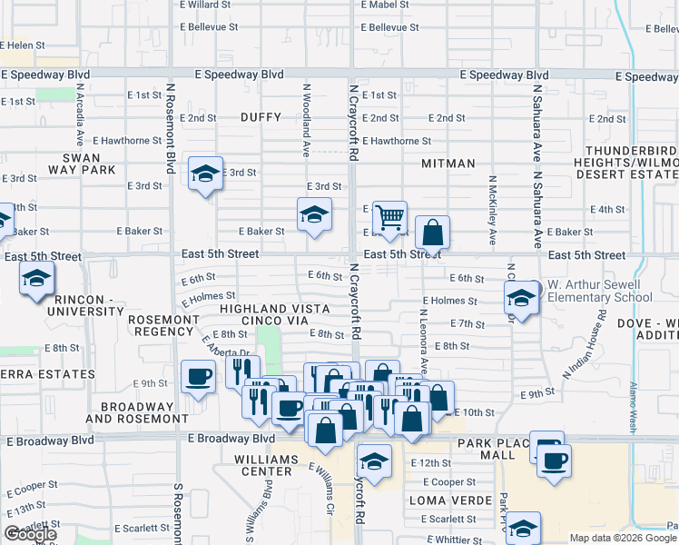 map of restaurants, bars, coffee shops, grocery stores, and more near in Tucson