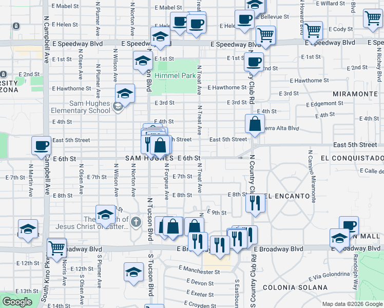 map of restaurants, bars, coffee shops, grocery stores, and more near 428 North Treat Avenue in Tucson