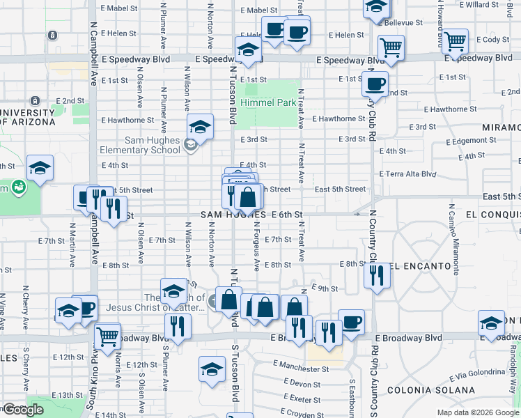 map of restaurants, bars, coffee shops, grocery stores, and more near 2540 East 6th Street in Tucson