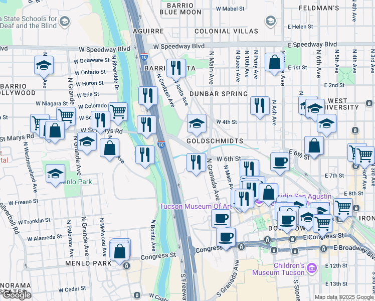 map of restaurants, bars, coffee shops, grocery stores, and more near 450 E North St in Tucson