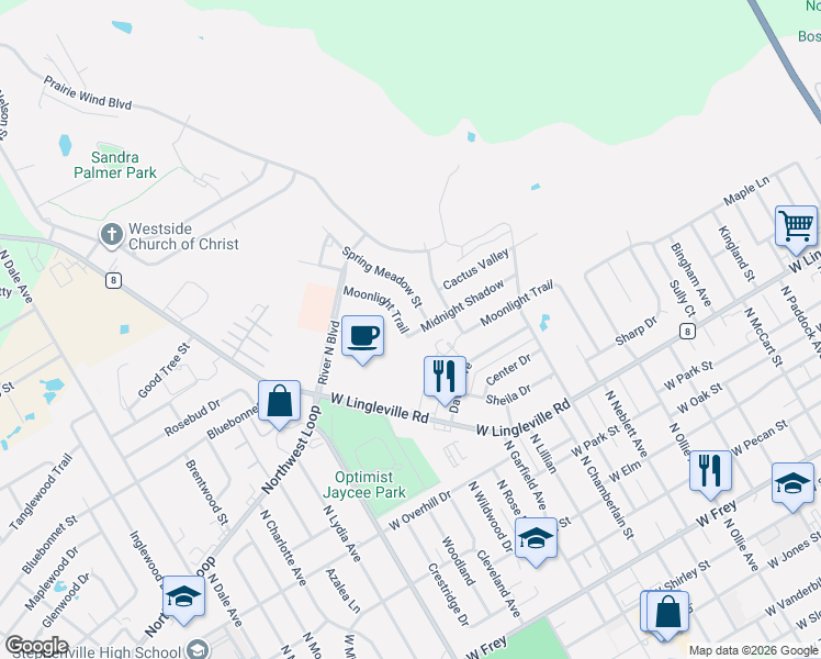 map of restaurants, bars, coffee shops, grocery stores, and more near 509 Moonlight Trail in Stephenville