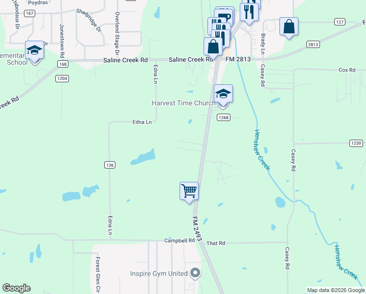 map of restaurants, bars, coffee shops, grocery stores, and more near 17344 Farm to Market Road 2493 in Flint