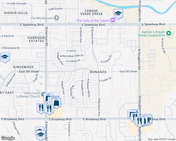 map of restaurants, bars, coffee shops, grocery stores, and more near 9811 East 5th Street in Tucson