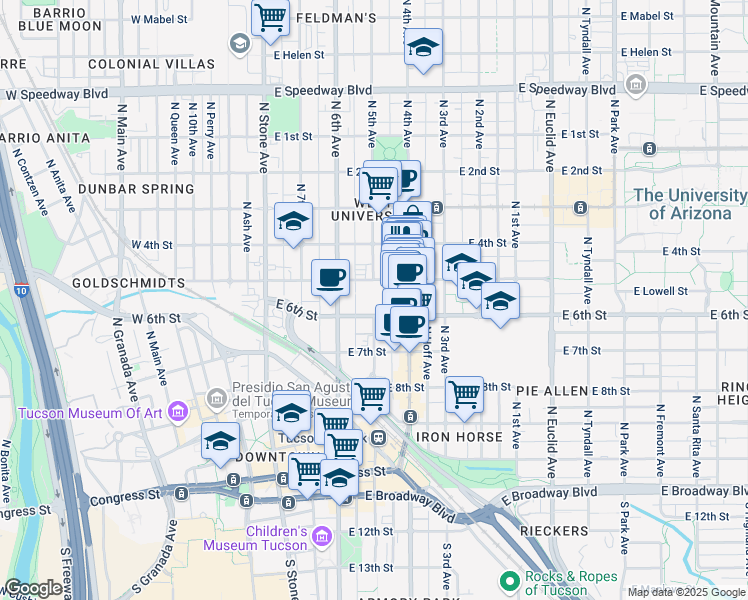 map of restaurants, bars, coffee shops, grocery stores, and more near 305 East 5th Street in Tucson
