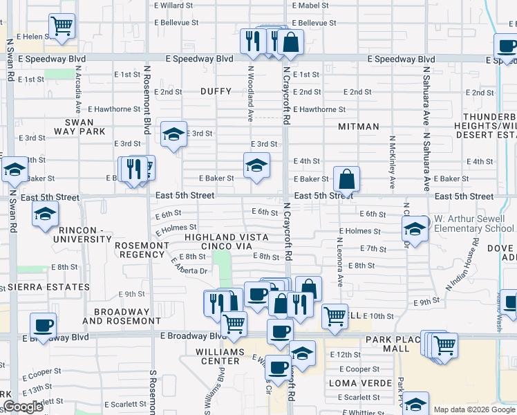 map of restaurants, bars, coffee shops, grocery stores, and more near in Tucson