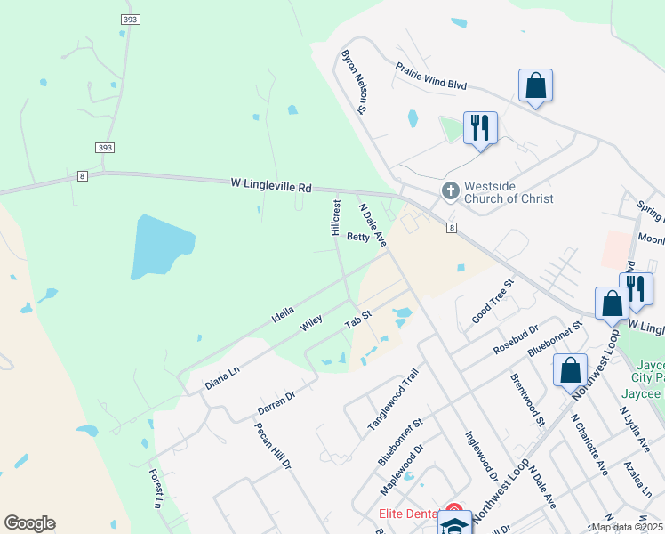 map of restaurants, bars, coffee shops, grocery stores, and more near 405 Hillcrest Drive in Stephenville